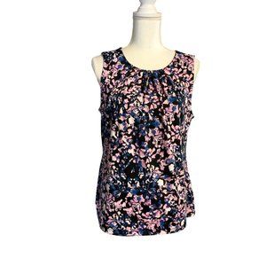 Tahari Women's Sleeveless Round Neck Stretch Floral Pink Pleated Blouse Medium